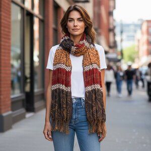 VTG BOHO Gauze Fringed Scarf 13" x 70" red, gold, blue, black 199E